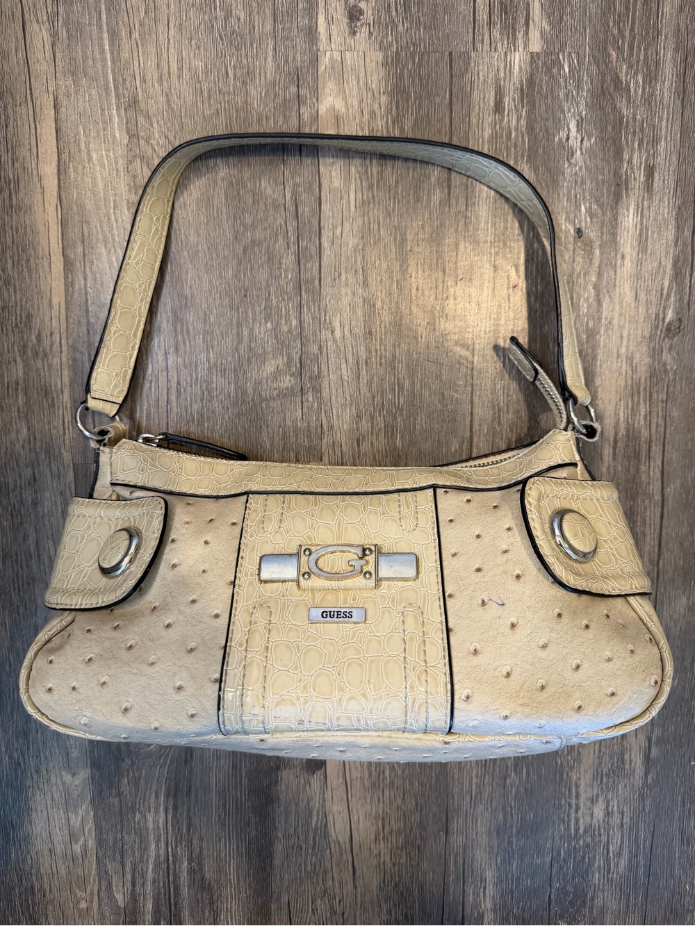 Guess Vintage Y2K Cream Ostrich & Croc Embossed Baguette Mini Shoulder Bag 90s